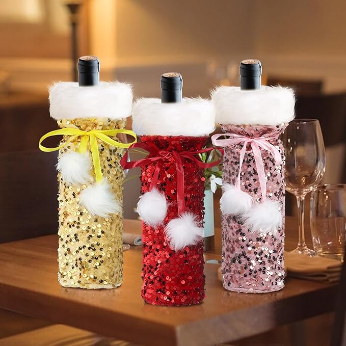 VIDELLY 3 Pack Christmas Wine Bottle Covers, Glitter Wine Bear Bottle Bag for Christmas Birthday Wedding Party Bottle Decoration
