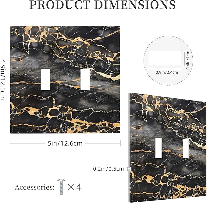 Golden Veins Marble Double Toggle Light Switch Covers 2 Gang Wall Plate Dual Decorative Switchplate Electrical Faceplate for Bathroom Country Kitchen Bedroom Decor, 4.9" x 5"