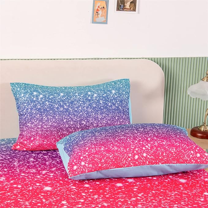 RYNGHIPY Colorful Glitter Bed Sheet Collections, Glitter Rainbow Theme Fitted Sheet Twin Size, Mermaid Design Sheets Set for Girls (Pink Blue,Twin)