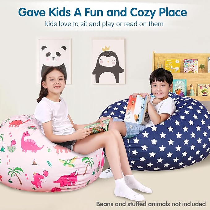 Lukeight Stuffed Animal Storage Bean Bag Chair Cover for Kids, Zipper Beanbag Chair Cover for Organizing Toddler and Kids' Rooms Plush Toys (Stars Navy Velvet, X-Large)