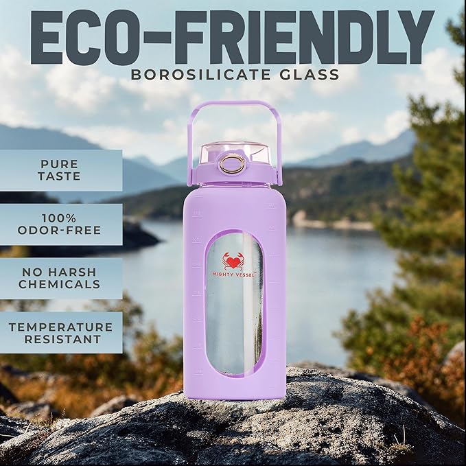 64oz Glass Water Bottle | Lavender Water Bottle with Straw & Time Marker | Half Gallon Water Bottle with Measurements & Silicone Sleeve | Suitable for Travel, Gym, & Daily Intake