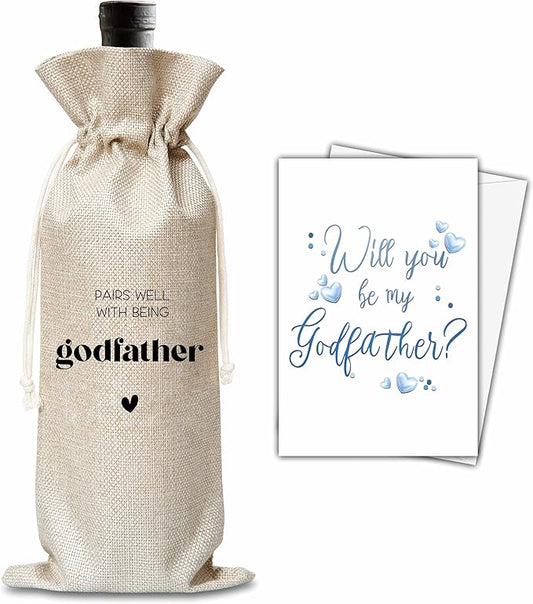 Xanev Godfather Wine Gift Bag For Men, Godfather Proposal Gifts, Pairs Well With Becoming Godfather Wine Bag, Baptism Gifts For Godfather From Godchild, Birthday Wine Party Favors Decor, B02