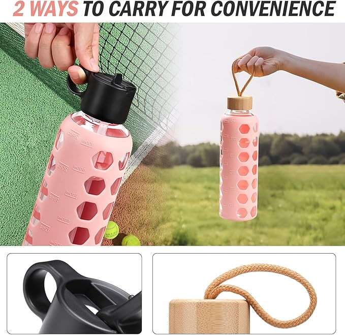 MUKOKO Glass Water Bottles, 24oz Glass Tumbler, Drinking Bottles with 2 Lids-Handle Flip Straw Lid&Bamboo Lid, Motivational Water Bottle with Time Marker and Silicone Sleeve, Leakproof-1 Pack-Pink