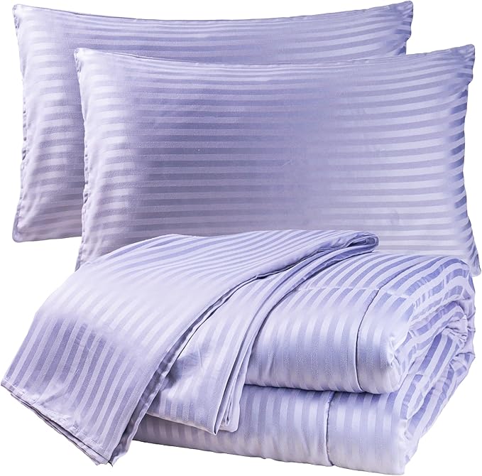 Twin Comforter Set with Sheets, 5 Pieces Super Soft Twin Bed in a Bag, All Season Solid Color Kids Bedding Set Neutral for Boys & Girls, Purple Striped