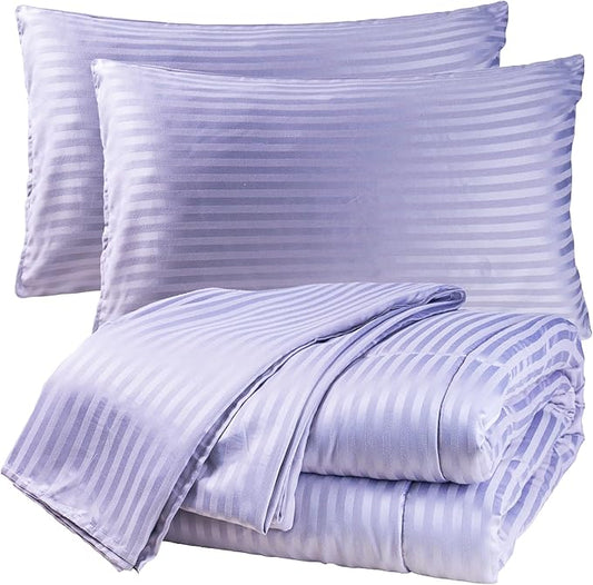 Twin Comforter Set with Sheets, 5 Pieces Super Soft Twin Bed in a Bag, All Season Solid Color Kids Bedding Set Neutral for Boys & Girls, Purple Striped