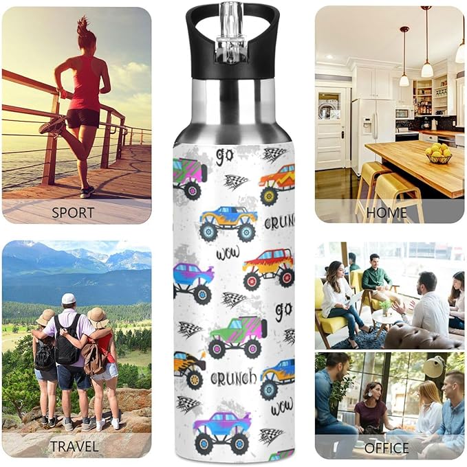 Monster Truck Sports Water Bottle, Double Wall Vacuum Insulated Stainless Steel Water Bottle with Straw Keeps Hot and Cold, Bike Running Sports Travel Gym 20oz