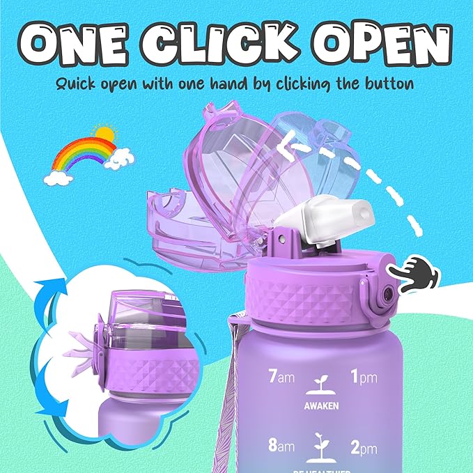 OLDLEY Kids Water Bottle for School, 17 oz (Straw Lid) BPA-Free Reusable Leak-proof Durable Tritan Plastic Water Bottles with One-handed Opening Straw Lids, Anti-dust Spout Cover (Macaroon)