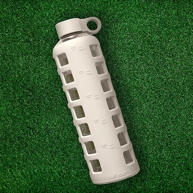 purifyou Premium Glass Water Bottles, 40/32 / 22/12 oz Reusable Drinking Bottle with Time & Volume Markings Silicone Sleeve & Stainless Steel Lid for Water, Coffee, & Fruit Juice (40oz Pearled Ivory)