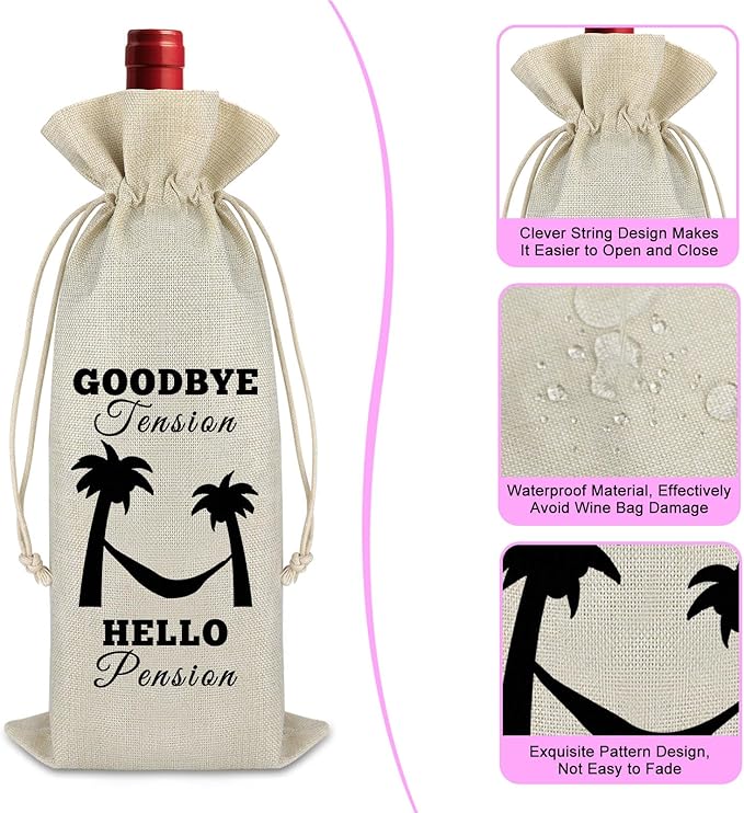 Retired Gift for Women Men Palm Wine Bag Leaving Farewell Goodbye Gifts for Coworkers Colleagues Cotton Burlap Wine Bottle Bag Funny Retirement Gifts for Grandparent Friends Mother's Day Gift