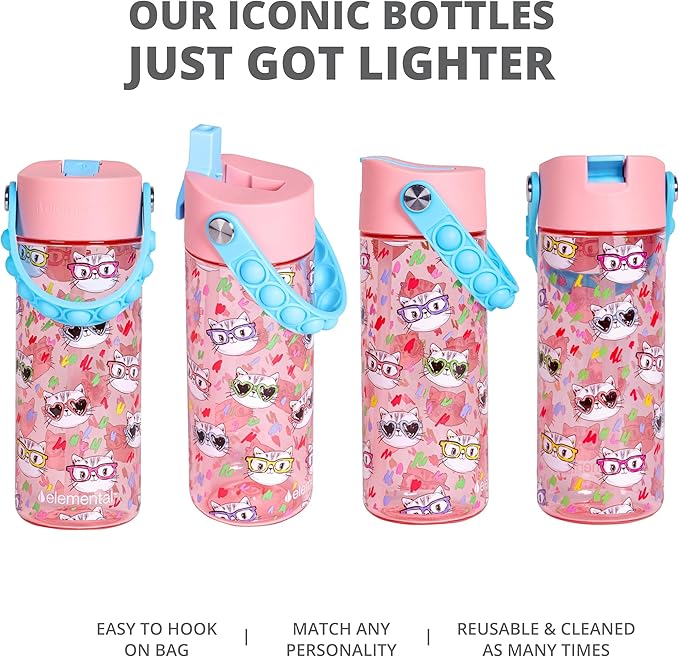 Elemental Leak Proof Water Bottles for Kids - Splash Kids Water Bottle for School with Fun Fidget Pop-it Handle - Tritan Plastic Water Bottle with Straw - Stylish Cat & Spring Blossom - 18oz (2 Pack)