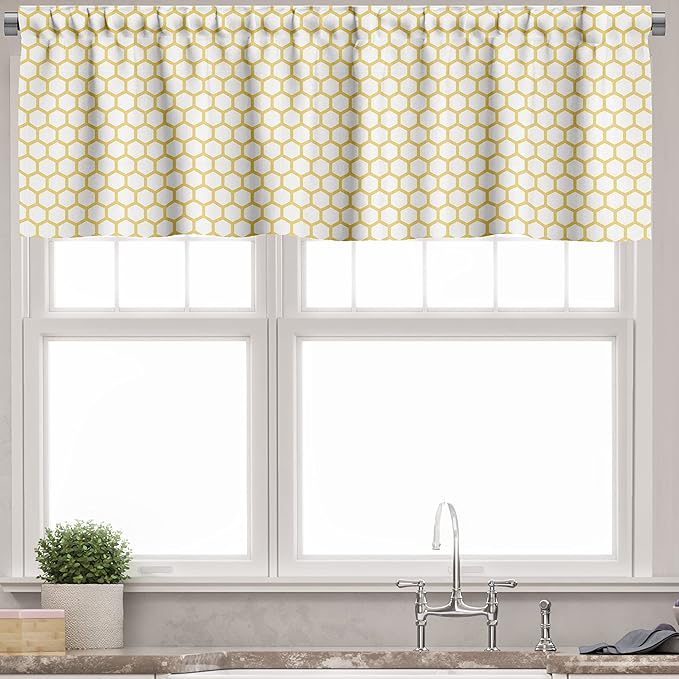 Ambesonne Yellow and White Valance & Tier Curtain 3 pcs Set, Hexagonal Pattern Honeycomb Beehive Simplistic Geometrical Monochrome, Window Treatments for Kitchen Room Decor, 55" x 30", White Yellow