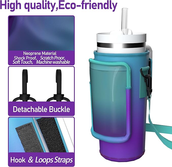 Water Bottle Carrier Bag with Phone Pocket for 40oz Tumbler with Handle, Adjustable Strap Neoprene Water Bottle Sleeve Pouch for Hiking Camping Travelling. (Purple)
