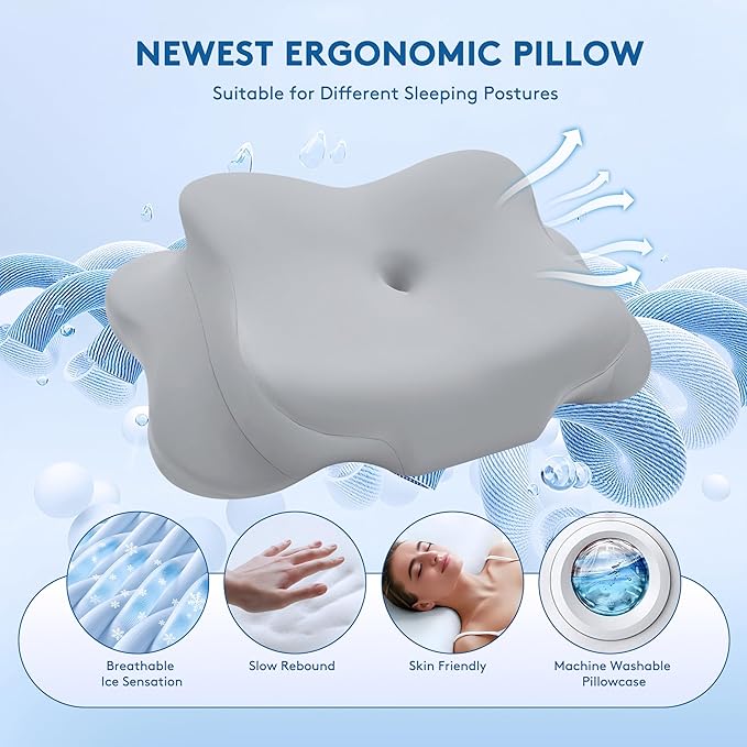 Cervical Pillow for Neck Pain Relief, Cooling Contour Memory Foam Pillows Support Odorless Ergonomic Neck Pillow Adjustable Orthopedic Bed Pillow for Side Back Stomach Sleeper with Pillowcase