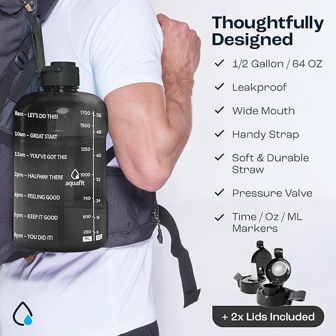 64 oz Water Bottle with Time Marker - BPA Free Half Gallon Water Bottle with Straw - Gym Water Bottle with Handle, Gallon Water Jug, Big Water Bottle, Large Water Bottle (Tropical Sea, 2 Lids)