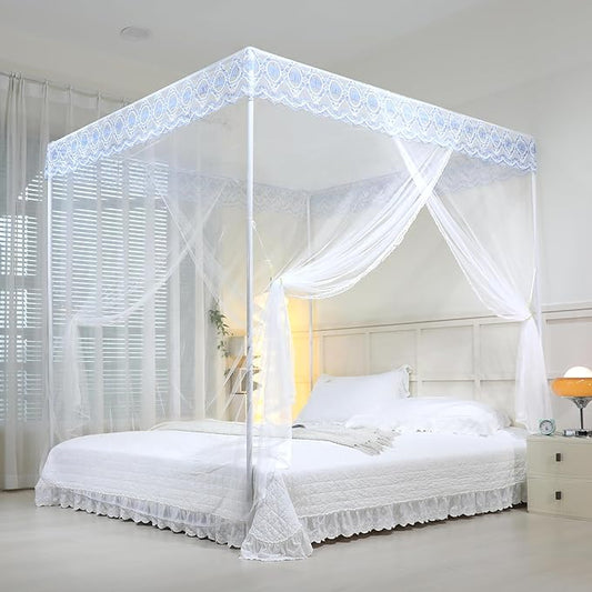 Bed Canopy, Princess Bed Curtain Net for Girls & Adults，Three-Doors Rectangle Lace Dome Netting (White, King)