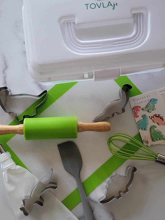 Tovla Jr. Kids Baking Gift Set with Storage Case - Cooking Kit for Children - Educational Baking Sets - Real Kid Baking Supplies with Decorating Tools Set with Apron… (Dinosaur)