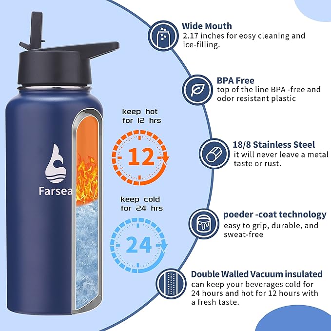 Farsea Insulated Water Bottle with Straw Lid & Spout Lid & Paracord Handle, Stainless Steel Water Bottle Wide Mouth, Double Wall Sweat-Proof BPA-Free, 32 oz, Blue