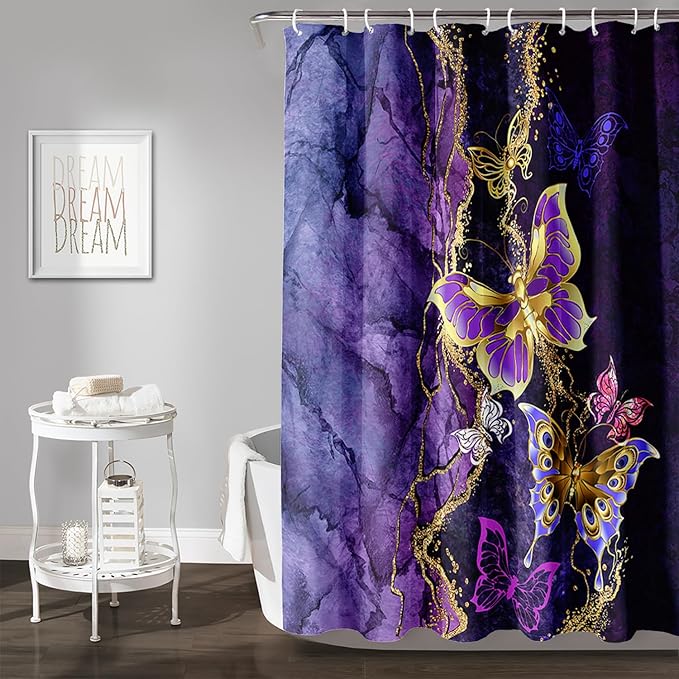 AILONEN Beautiful Butterfly Shower Curtain Bathroom 48" W*72" H Purple Butterfly Curtain Cloth Fabric Bathroom for Girls Kids,Marble Theme Shower Curtain Set