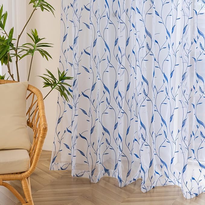 Windows Sheer Curtains Embroider Blue Leaf 72 Inches Length 2 Panels Voile Light Filtering Sheer Curtains Panel Basic Rod Pocket for Bedroom Living Room Children Room