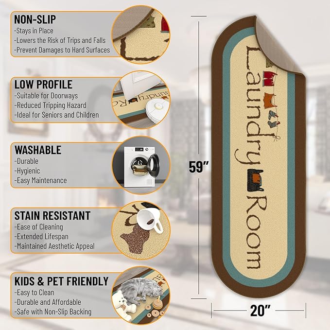 Ottomanson Laundry Collection Non-Slip Rubberback Bordered Design 2x5 Laundry Room Runner Rug, 20" x 59" Oval, Beige