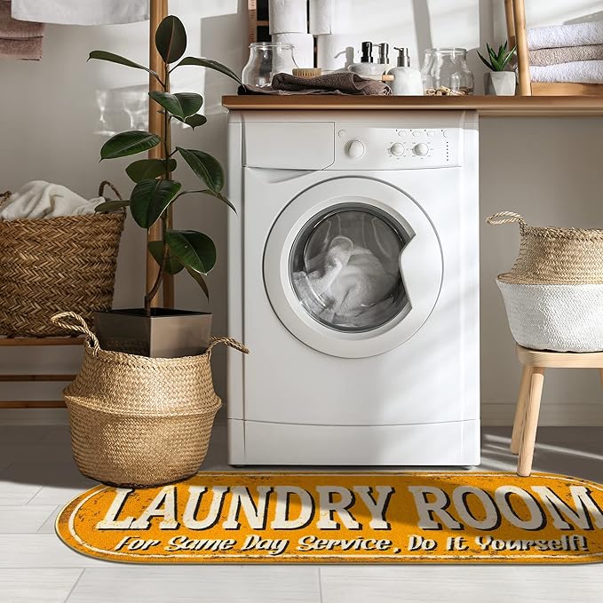 Ottomanson Laundry Collection Non-Slip Rubberback Laundry Text Design 2x5 Laundry Room Runner Rug, 20" x 59" Oval, Orange