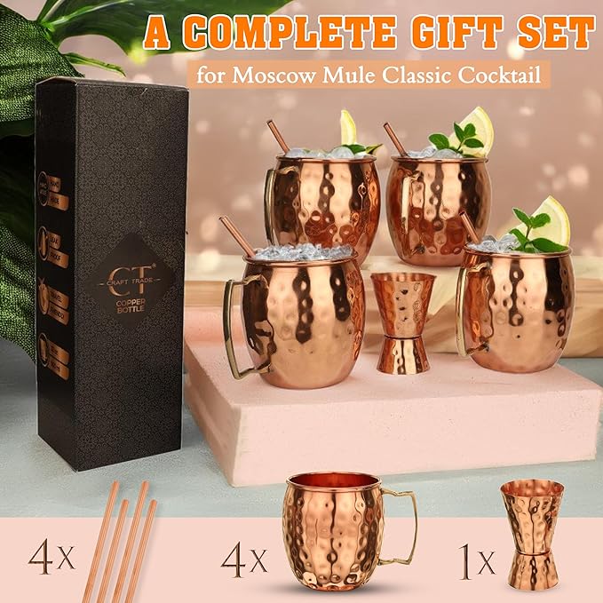 Moscow Mule Copper Mugs - Set of 4 Mug with Shot Glass 100% Handcrafted 16 oz Set with Premium Quality Cocktail Copper Straws and Jigger! - Pure Solid Mugs 4 Perfect Cocktail Mug