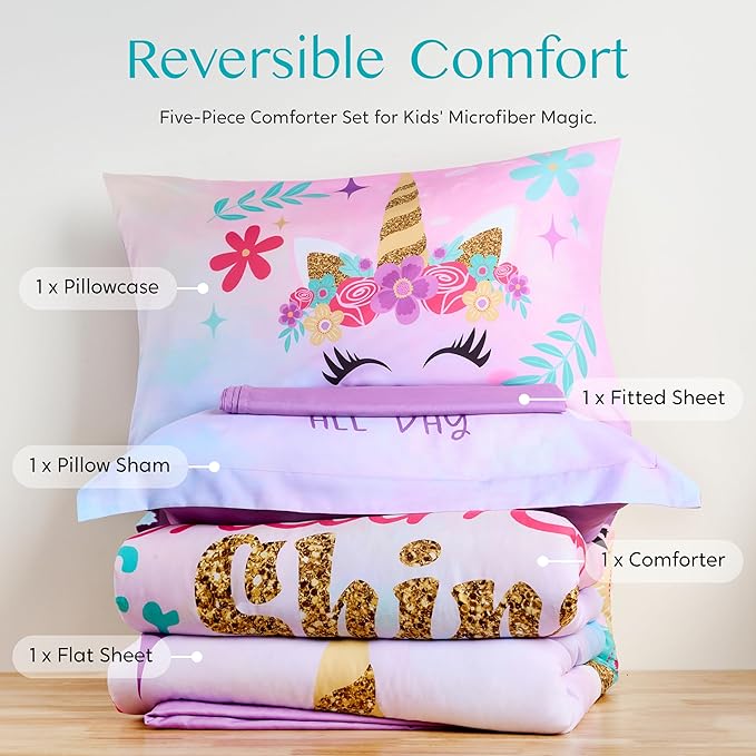 Joiedomi Kid Twin Comforter Set - 5 Piece Unicorn Bedding Set for Boys/Girls - Super Soft Microfiber Bed in a Bag with Comforter, Sheets, Pillowcase & Sham