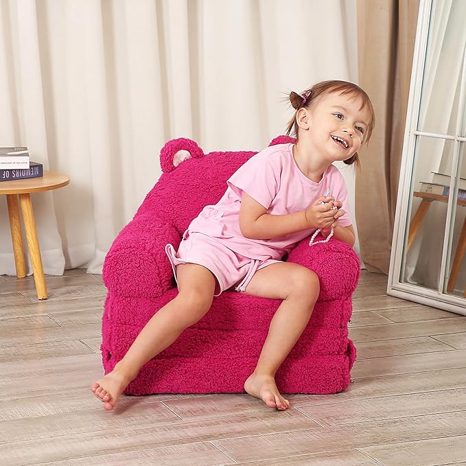 Foldable Kids Sofa, Sherpa Pink Teddy Bear Toddler Couch with Tri Folding Foam Cushions, Comfy Kids Couch for Kids Age 18 Months and Up