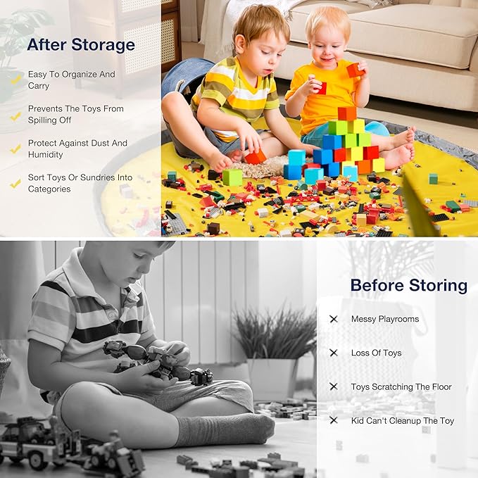 EXQ Home Toy Storage Basket and Building Bricks Toy Play Mat for Kids Rooms- Organizer Storage Organizer for Toys, Playroom Canvas Bag Gift for Boy/Girls (Navy 13" x12")