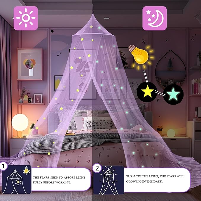 Daksha Purple Princess Bed Canopy for Girls with Glowing Stars, Ceiling Tent for Kids, Fits Twin, Full, and Queen Size Beds, Suitable for Indoor Room Decor and Outdoor Use