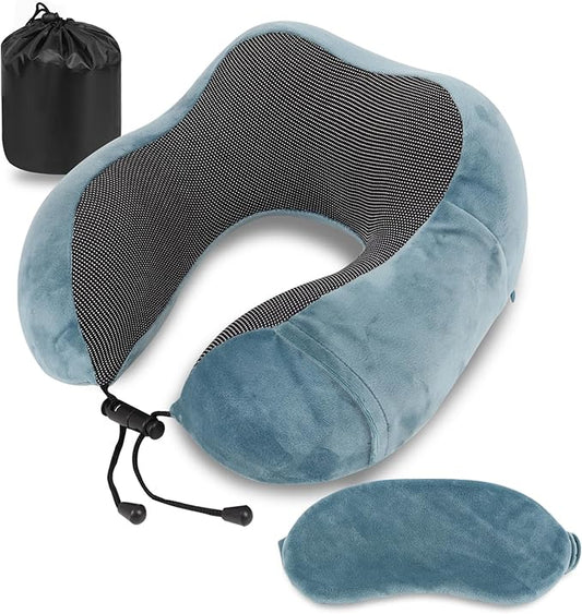 Pure Memory Foam Travel Pillow Set for Adults - Comfortable & Breathable Removable Cover, Airplane Travel Kit with Eye Mask & Portable Storage Bags for Plane Accessories - Blue