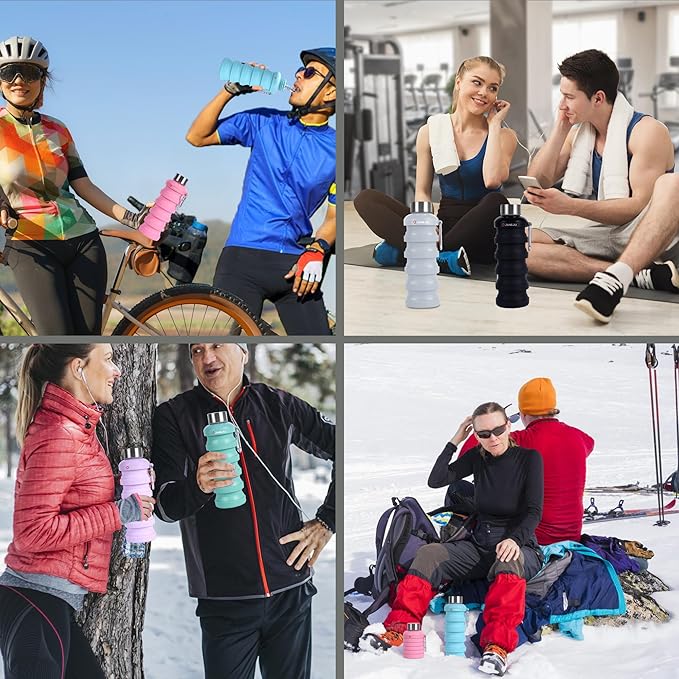 JaneJu Collapsible Water Bottle, 17oz BPA Free Silicone Reusable Portable Lightweight Foldable Water Bottles with Carabiner, Portable Leak Proof Sports Water Bottle (blue&pink)