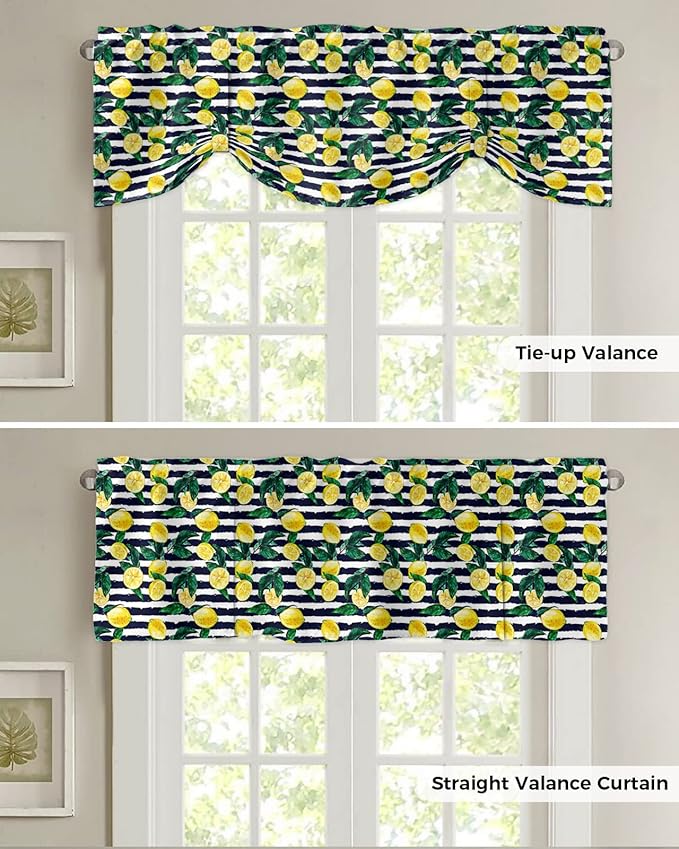 Tie Up Valance for Kitchen Living Room Farmhouse - Lemon and Stripe Pattern Rod Pocket Adjustable Tie-up Shade Valance for Small Window, Window Valance Balloon Drape for Bathroom 54x18 inches