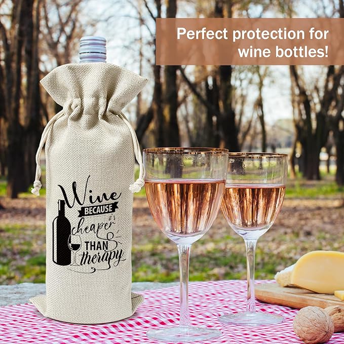 Wine Gift Bag, Gift for Women Men Sister Friends Wine Enthusiasts, 1pcs Wine is Cheaper Than Therapy Reusable Burlap Drawstring Wine Gifts Bag for Wine Bottles, Holiday Party Favor -06