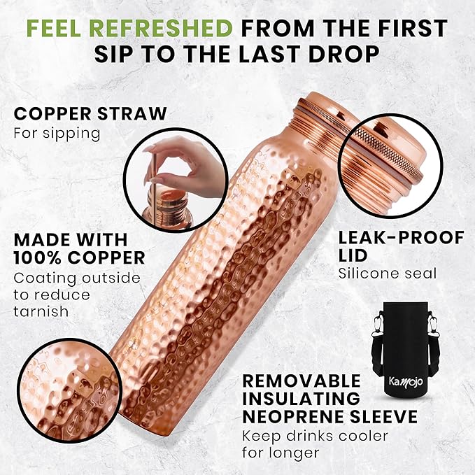 Copper Water Bottle for Drinking - Hammered Pure Copper Water Bottle with Leak Proof Lid, Removable Insulating Sleeve & Copper Straw - Handcrafted Copper Bottle for Men & Women 32 fl oz