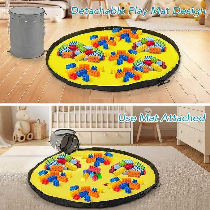 Toy Storage Basket and Play Mat for Kids - Foldable Toy Storage Organizer Bins with Lids - Kids Toy Box Chest for Building Blocks, Boys, Girls, Nursery, Playroom, 12.6''x12.6''x15.5''(Grey)