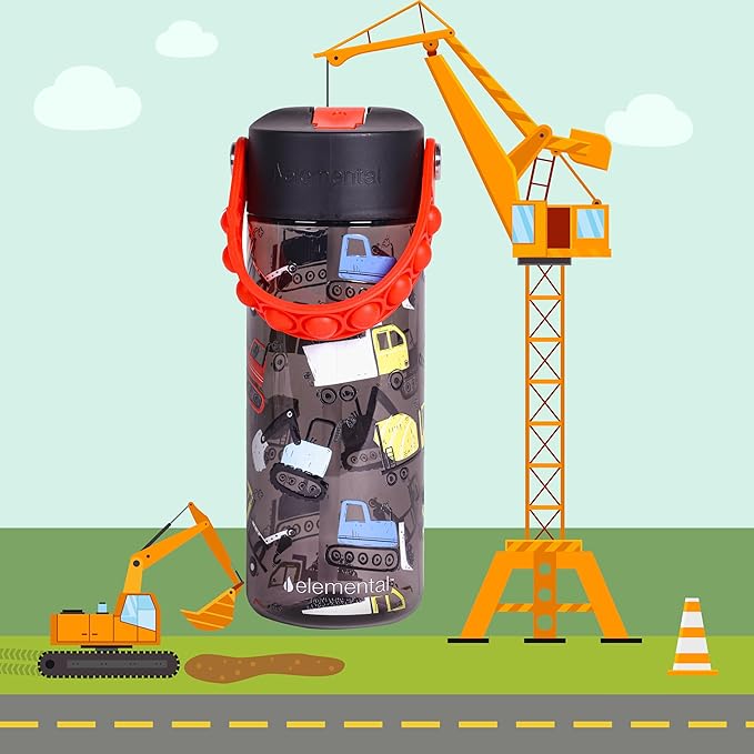 Elemental Leak Proof Water Bottles for Kids - Splash Kids Water Bottle for School with Fun Fidget Pop-it Handle - BPA Free Tritan Plastic Reusable Water Bottle with Straw - Construction - 18oz