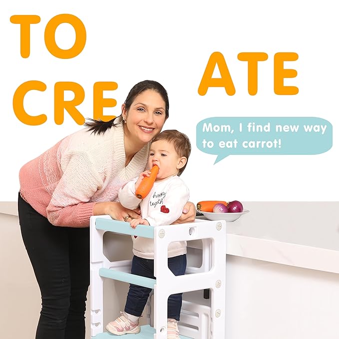 SDADI Mother's Helper Adjustable Height Plastic Kitchen Step Stool for Children, Kids Toddlers Counter Level Learning Stool for Kitchen & Bathroom,Beige and Blue