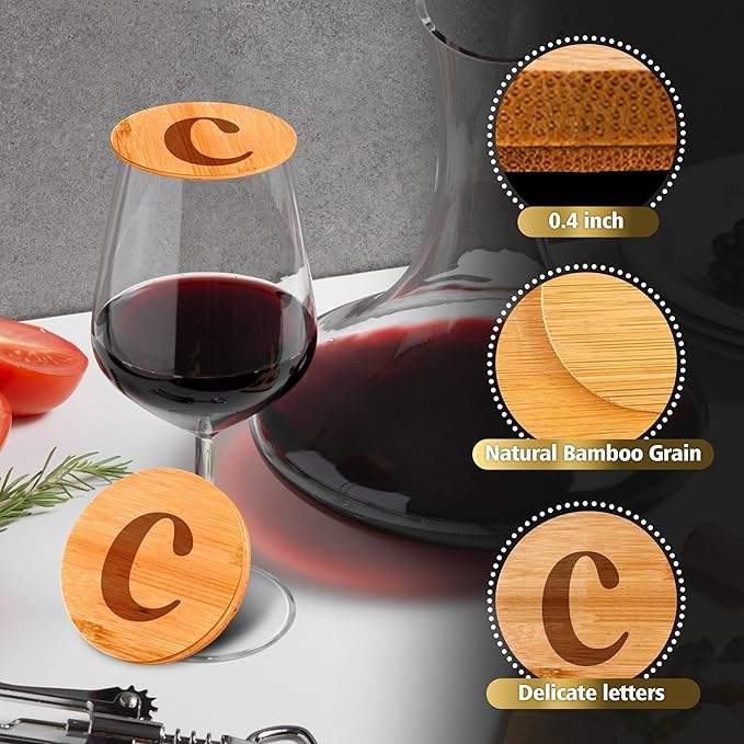 Personalized Wine Glass Charcuterie Topper - Custom Laser Engraved Initial Bamboo Wine Glass Topper Stopper Coasters Plate ID Identification Wine Glass Charcuterie Board Topper (Letter C)