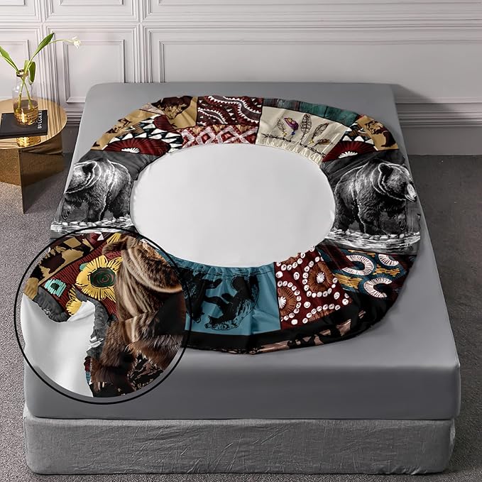 AILONEN Roaring Bear Fitted Sheet Set Full Size, Rustic Cabin Bed Sheet Set,Wildlife Bedding Grey Bear Plaid Sheet Set,3 Pieces Teen Men Boys Bed Sheet Set,1 Fitted Sheet with 2 Pillowcases