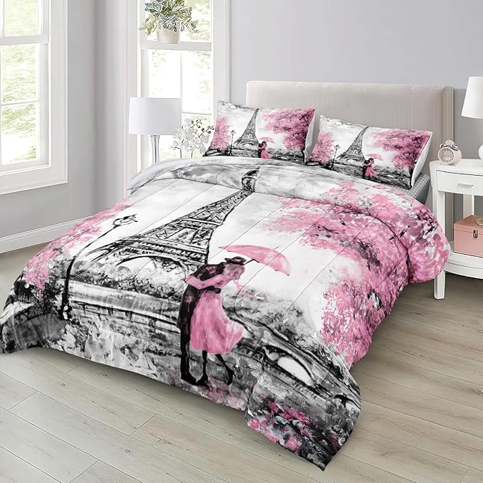 Bedbay Eiffel Tower Comforter Set Queen Size Pink Paris Bedding Romantic Couple Lovers Printed Girls Women Comforter Set Pink and Grey Soft Lightweight French Style Duvet Set (Pink,Queen)