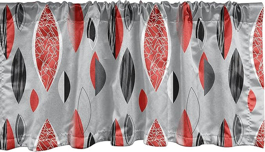 Ambesonne Mid Century Window Valance, Abstract Oval Leaf Forms with Different Designs and Color Combinations, Curtain Valance for Kitchen Bedroom Decor with Rod Pocket, 54" X 12", Red Black