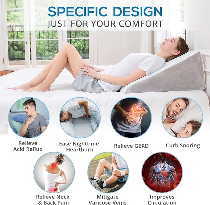 Sasttie Wedge Pillow for Sleep Apnea, 12 Inch Memory Foam Bed Wedge Pillow for Acid Reflux Relief, 30 Degree Triangle Incline Pillow Wedge for Sleeping with Removable Cover, Light Grey