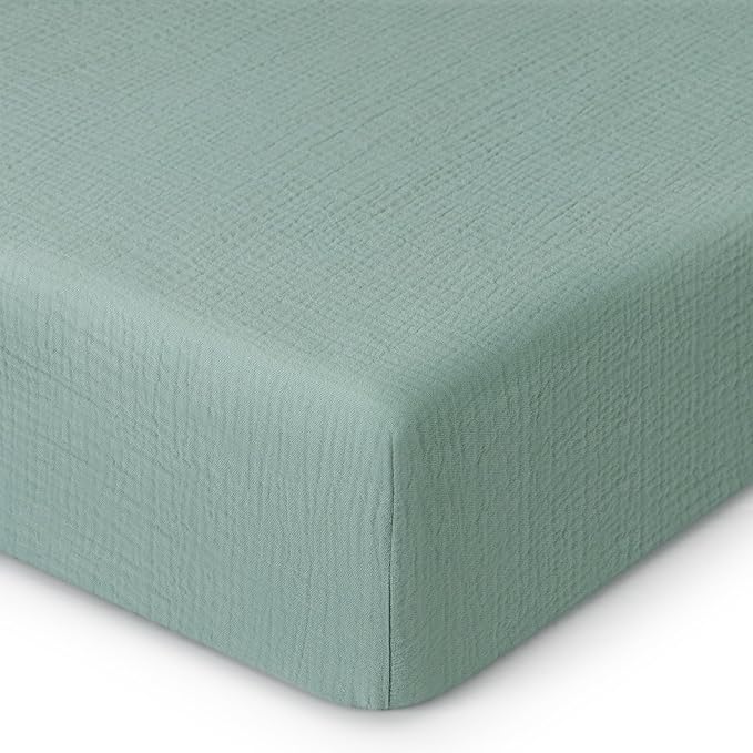 Blissful Diary Muslin Crib Sheets for Girl Boy, Boho Neutral Soft Cotton Baby Sheet for 52''x28'' Standard Crib Mattress, 1 Pack(Roman Green)