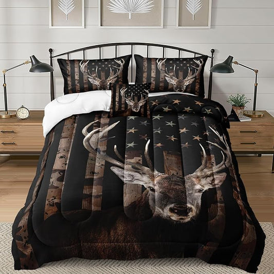 Bedbay American Flag Bed Comforter Queen Hunting Deer Bedding Boys Girls Bedroom Decor Camo Bedding Down Alternative Comforter Camouflage Quilt Set 4 Pcs Lightweight Comforter Queen(Deer,Queen)