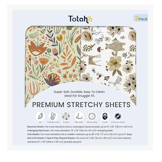 TotAha Premium Soft Pack n Play Sheets, Super Stretchy Jersey Knit Mini Crib Sheets Fitted, Silky Comfort Pack and Play Sheets Fitted, 2 Pack (Botanical Garden & Cute Bear)