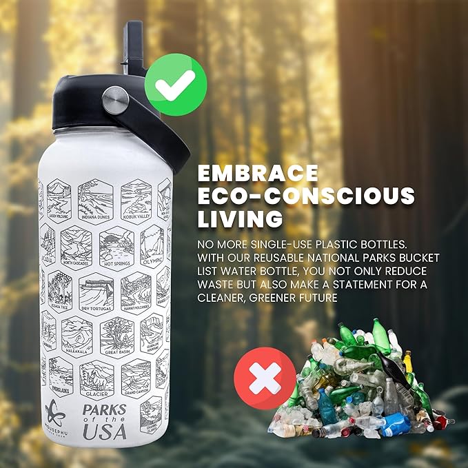 National Parks Water Bottle - Engraved Parks of the USA Bucket List Water Bottle - 63 National Park Stickers, Straw, Cleaning Set - Vacuum Sealed Stainless Steel Water Bottle - 32oz (White)