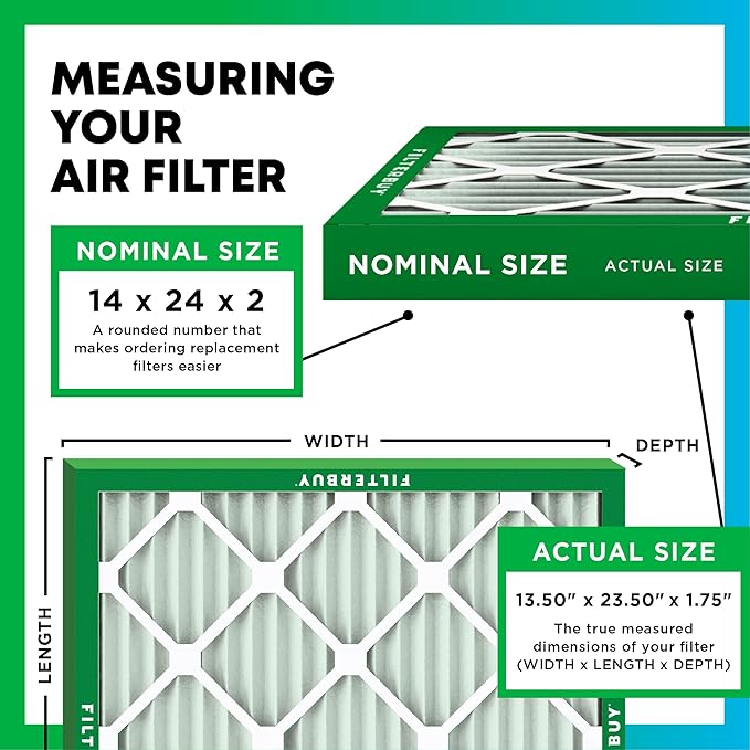 Filterbuy 14x24x2 Air Filter MERV 8 Dust Defense (6-Pack), Pleated HVAC AC Furnace Air Filters Replacement (Actual Size: 13.50 x 23.50 x 1.75 Inches)