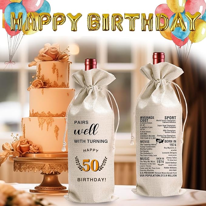 LANBAIHE 50th Birthday Gifts for Her,50th Birthday Gift for Women Men, 50 Years Old Birthday Gifts Wine Bag, 50th Birthday Decorations Party Supplies-1974 Birthday (50 BIRTHDAY)