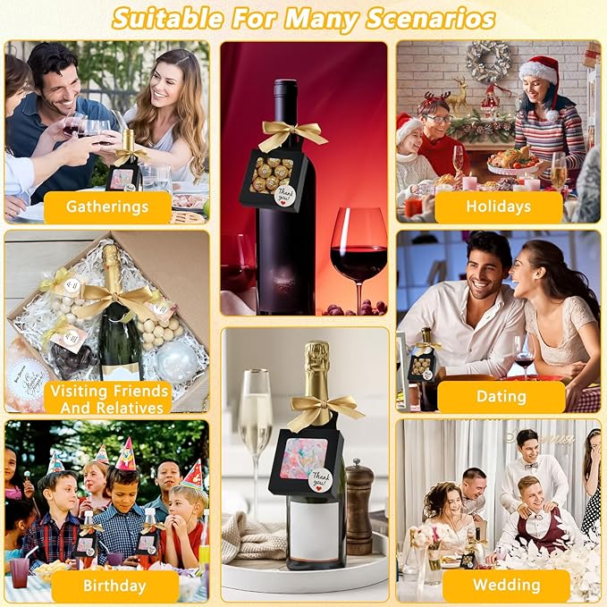 50 Pcs Wine Bottle Box with Window,Hanging Foldable Wine Boxes for Gifts, Kraft Paper Empty Bottle Hanger Box with Thank You Stickers and Champagne Ribbon for Candy Chocolate Cookies(Black)